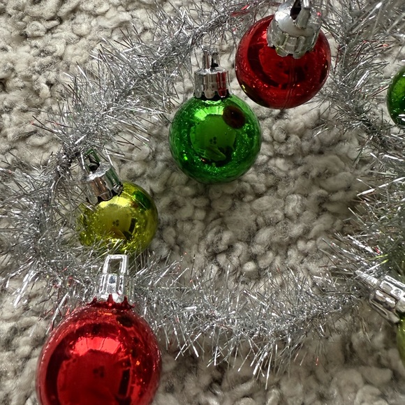 Crate & Barrel Christmas Garland – 9 Ft Silver Tinsel with Red & Green Ornaments - Picture 3 of 8
